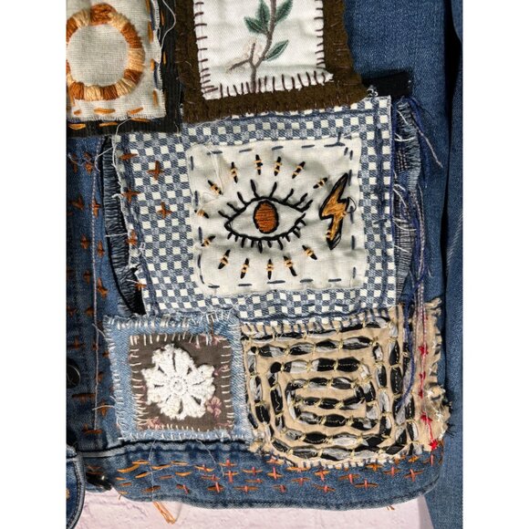 Calvin Klein Altered Hand Embroidered Upcycled Patched Denim Jacket - Picture 5 of 16